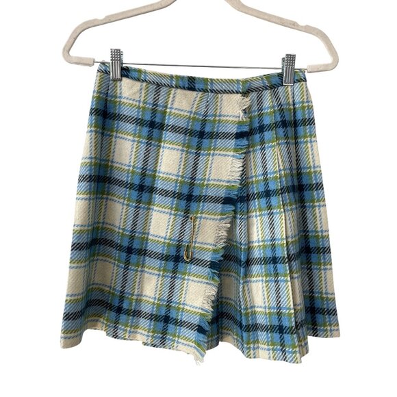 Vintage 70s Jr Bazaar Sears Wrap Skirt Size 15 Kilt Pin Plaid Pleated Fringe Pre - Picture 1 of 8